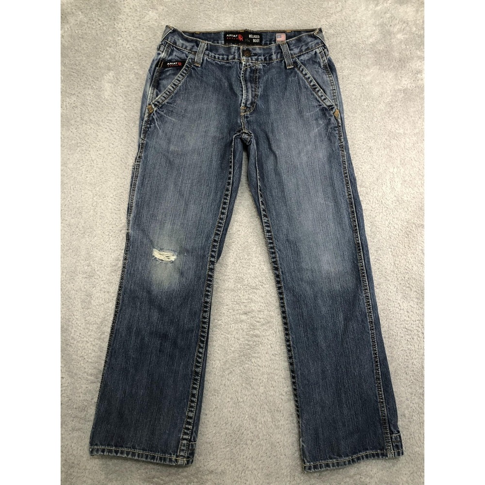 Ariat FR M4 Jeans Mens 30x30 (Tag 30x32) Blue Relaxed Boot Cut CAT2 Distressed